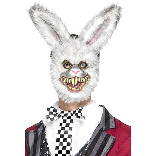 White rabbit mask with blue eyes and exaggerated teeth, on a neck.