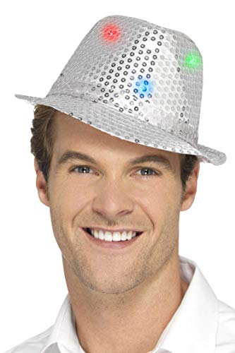 A man wearing a silver sequin trilby hat with glowing red, green, and blue lights.