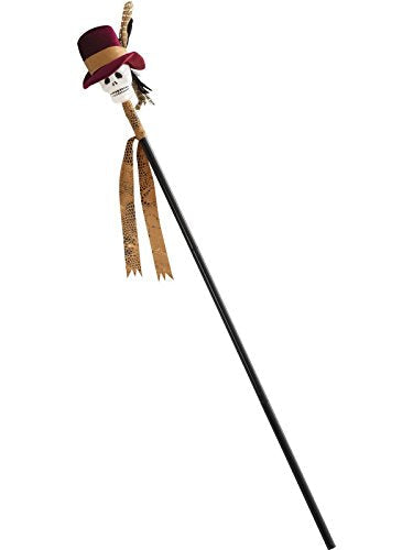 Black cane with a decorative skull handle, wearing a top hat and brown ribbons.