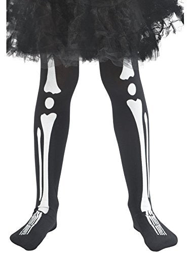 Black tights with white skeleton leg bones printed on them, worn under a black skirt.