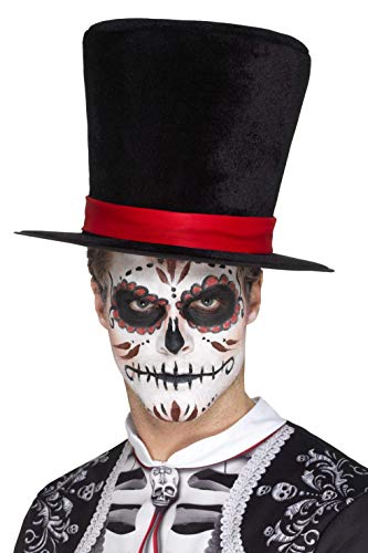 Black top hat with red ribbon, worn with Day of the Dead makeup.