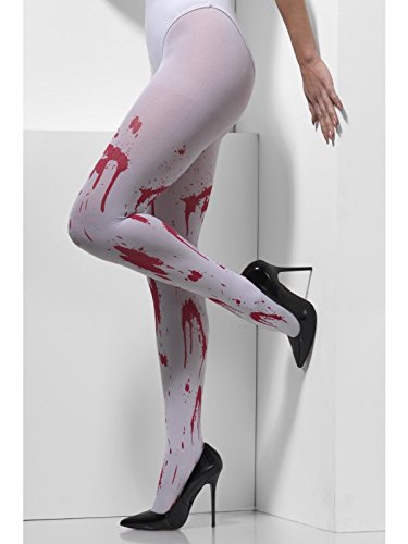 White tights with red splatter design on a model's legs, paired with black heels.