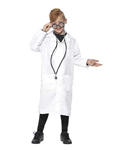 Child wearing a white doctor/scientist costume with glasses and stethoscope.