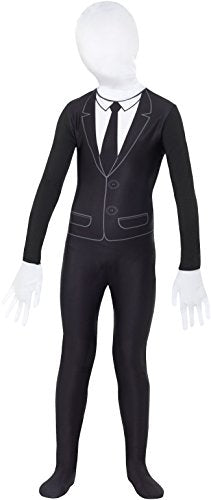 Child’s black and white slim-fit suit costume, full body morphsuit style.