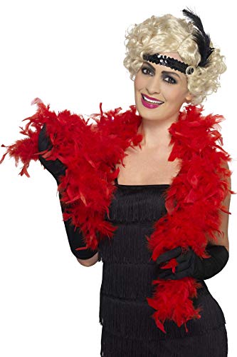 Woman wearing a red feather boa and flapper-style headband.