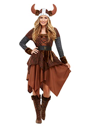 Woman in a brown Viking costume with horned helmet and boots.