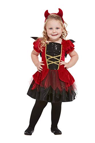 Toddler girl in a red devil costume with wings and horns.