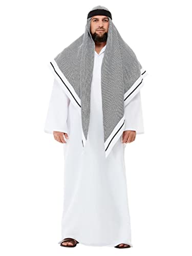Man in a white thobe and grey shemagh head covering costume.