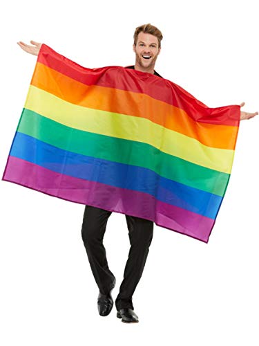 Man wearing a rainbow flag as a cape or costume.