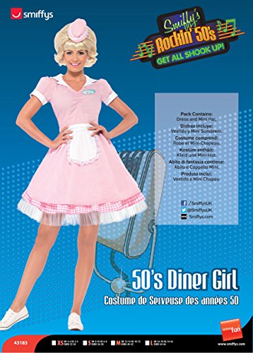 A woman wearing a pink 1950s-style diner waitress dress and a matching mini hat.