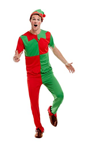 Man wearing a green and red elf costume, full body shot.