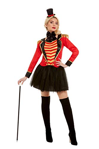 Woman in a red and gold ringmaster costume with a black tutu and hat.