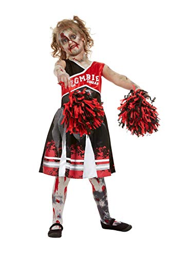 Girl in a red and black zombie cheerleader costume with pom-poms.