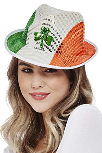 Sequin trilby hat with Irish flag colors and a shamrock detail.