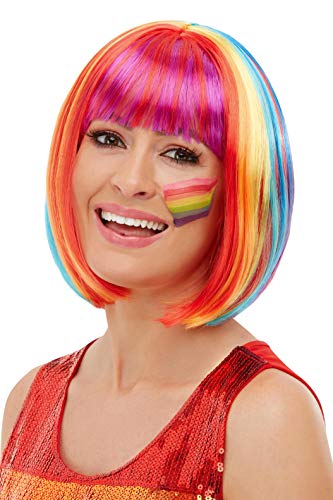 Woman wearing a short, rainbow-colored bob wig and rainbow face paint.
