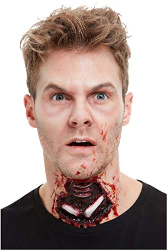 A man wearing a latex prosthetic throat wound with fake blood on his neck.