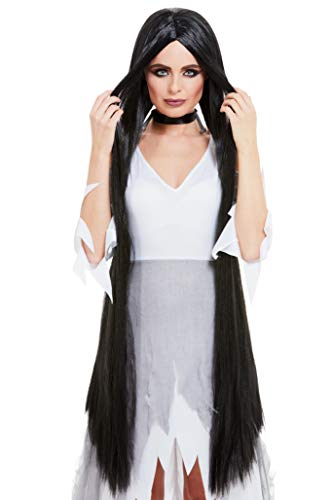 Woman modeling a long, straight black witch wig.