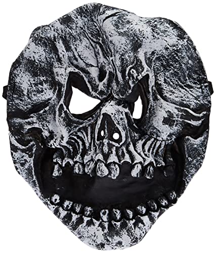 Detailed black and white skull mask with eye and mouth openings.