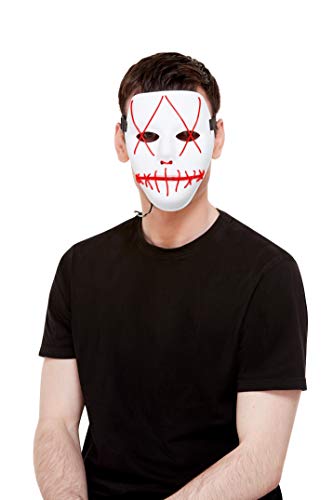 White mask with red stitched lines, worn by a person in a black shirt.