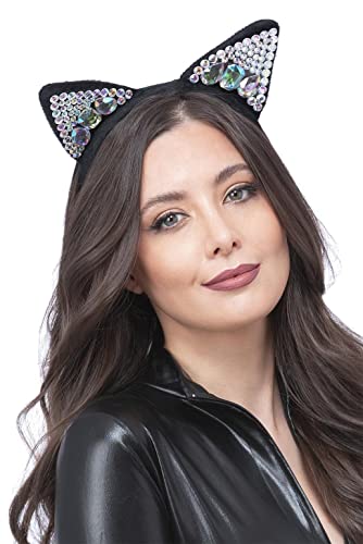 Black jeweled cat ear headband worn by a woman with brown hair.