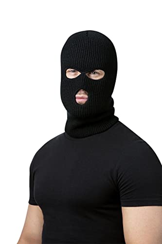 Black knitted balaclava with openings for eyes and mouth, worn by a person.