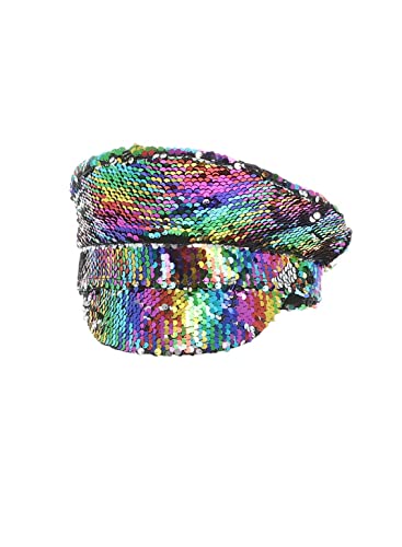 Rainbow sequin captain’s hat on a white background.