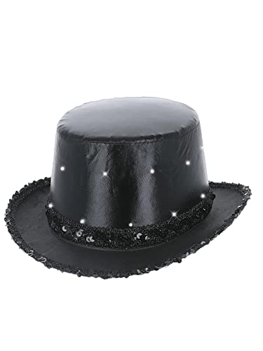 Black metallic top hat with illuminated LED lights and sequin trim.