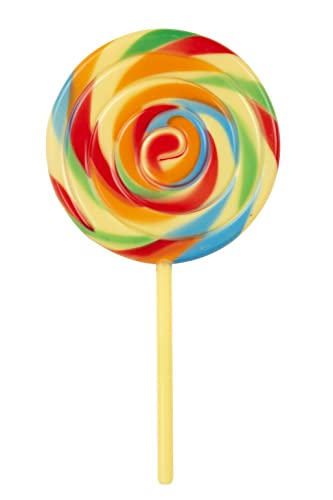 Swirled, colorful lollipop on a yellow stick, isolated on white.