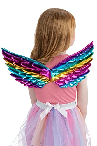 Child wearing rainbow metallic unicorn wings from behind.