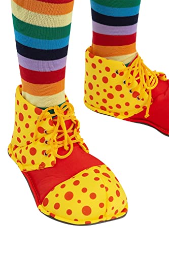 Red and yellow oversized clown shoe covers worn over striped socks.