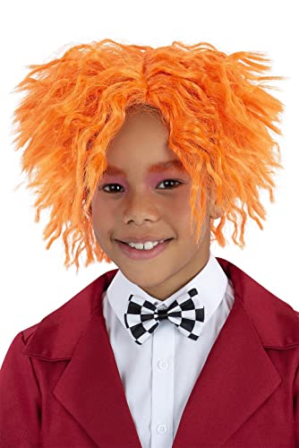 Child wearing a bright orange, wildly styled Mad Hatter wig.