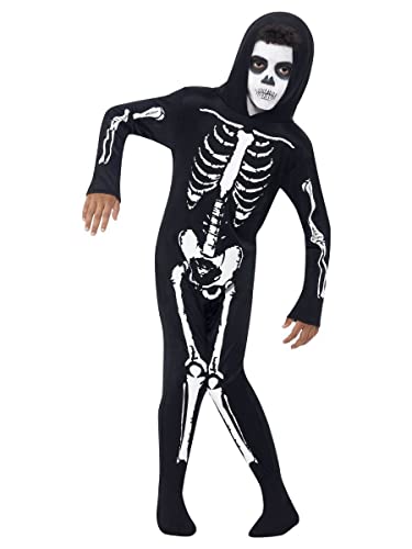Child in a black skeleton costume with white bone detailing.
