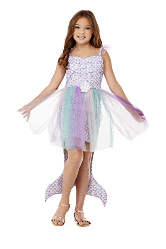 Girl wearing a purple and iridescent mermaid costume with a tail.
