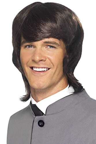 Man wearing a brown, 1960s-style mod wig with side and back length.