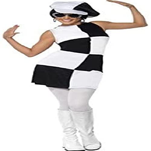 Woman in a 1960s-style black and white checkerboard dress and boots.