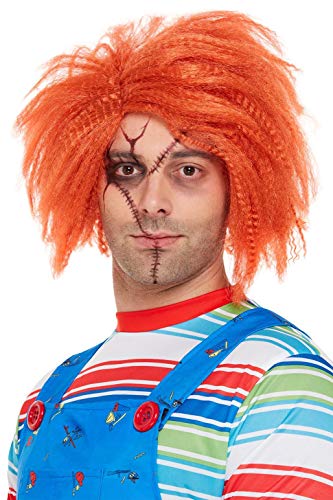 Ginger wig styled like Chucky’s hair, worn by a person with face scars.