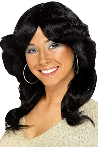 Woman wearing a long, black, curly 1970s style wig.