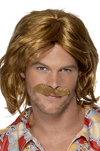 Brown 70s style wig and moustache on a male model.