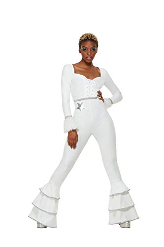 Person wearing a white 1970s-style glam jumpsuit with flared legs.