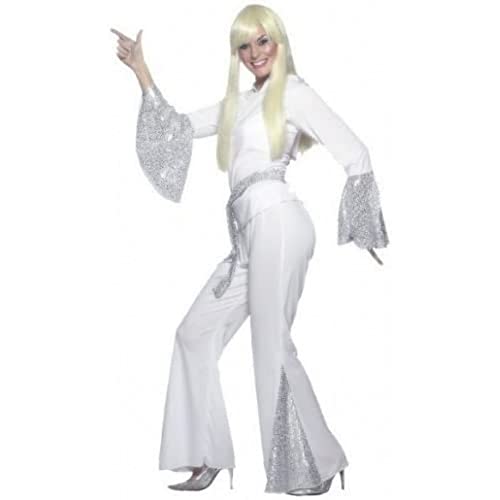 Woman in a white 70s disco costume with flared sleeves and pants.