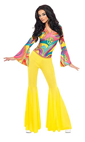 Woman in a 1970s-style colorful patterned top and yellow flared trousers.