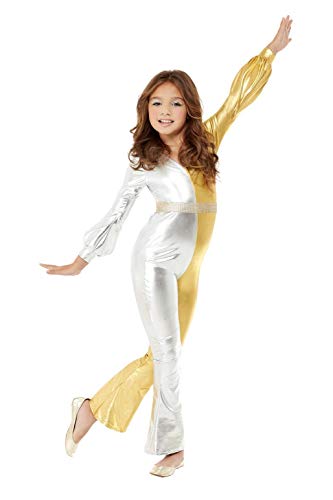 Girl in a gold and silver 70s style jumpsuit costume.