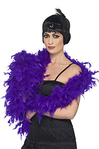 A woman in a flapper costume wearing a large, fluffy purple feather boa.
