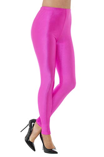 Shiny neon pink spandex leggings, worn with black high heels.