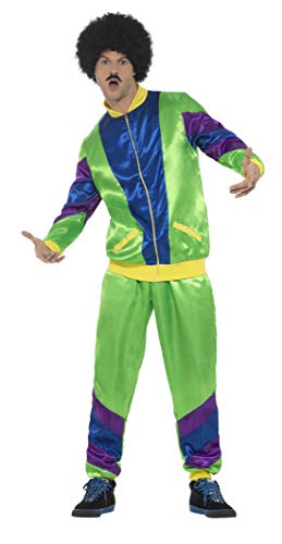 Man wearing a bright green and blue 80s shell suit costume.