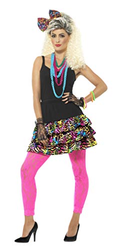 Woman in 1980s inspired costume with bright colors and big hair.
