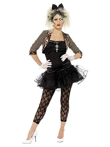Woman in black 80s-style costume with leopard print and lace details.