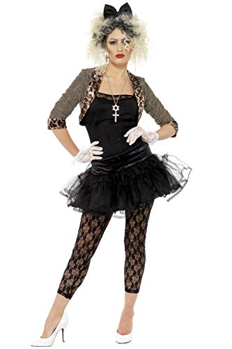 Woman in a black 80s-style costume with leopard print jacket and lace leggings.
