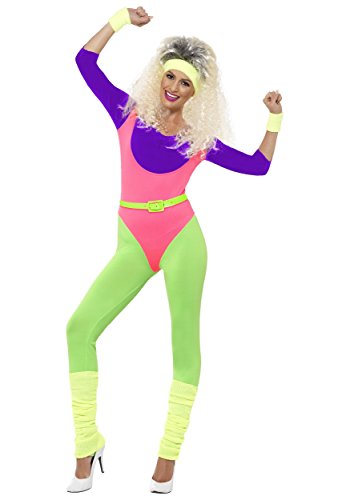 Woman in a brightly colored 80s workout jumpsuit and leg warmers.