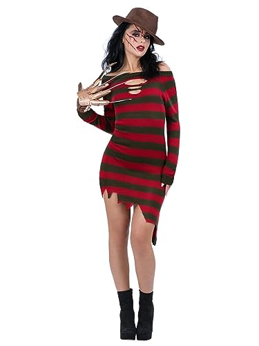 Woman in a red and green striped Freddy Krueger costume.